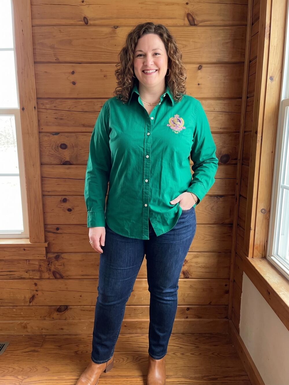 LRL Lauren Jeans Co Green Embroidered Crest Shirt Womens XL Equestrian Preppy
